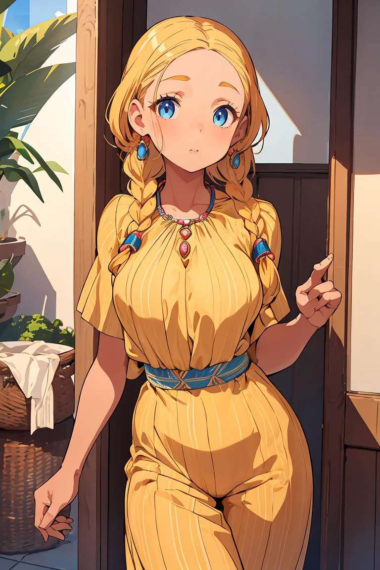 (masterpiece, best quality), female golden age, petite, polynesian, deep blue eyes, wide nose, round cheeks, rounded forehead, long face shape, , ginger
box braids hair, delight
wearing summer jumpsuit, moire
wrap-front blouse, loafers, ,
, hands behind back, suggesting confidence or restraint
