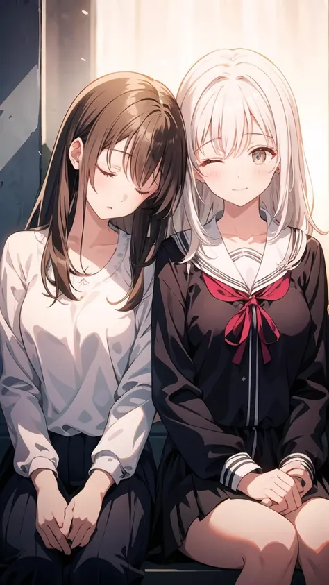 masterpiece,best quality,highly detailed,((white hair:1.3)),((brown hair:1.3)),long hair,medium breasts,((2girls:1.3)),((yuri:1.3)),(hiten1:0.8),NGH,closed eyes,((sleeping upright:1.1)),((sleeping on person:1.3)),((sitting:1.3)),((leaning on person:1.3)),<lora:SleepingUprightSleepinOnPersonSittingV1:1>,light smile,<lora:å¢å ç´°ç¯:0.7>,