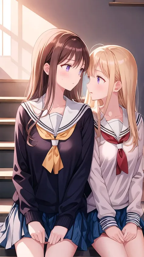 masterpiece:1.2,best quality:1.2,highly detailed:1.2,((blonde hair)),((brown hair)),long hair:1.1,purple eyes,medium breasts,((2girls:1.3)),((yuri:1.3)),(hiten1:0.8),<lora:å¢å ç´°ç¯:0.8>,school stairs,<lora:school_stairs_v0.5:1>,sitting,sailor collar,holding hands,