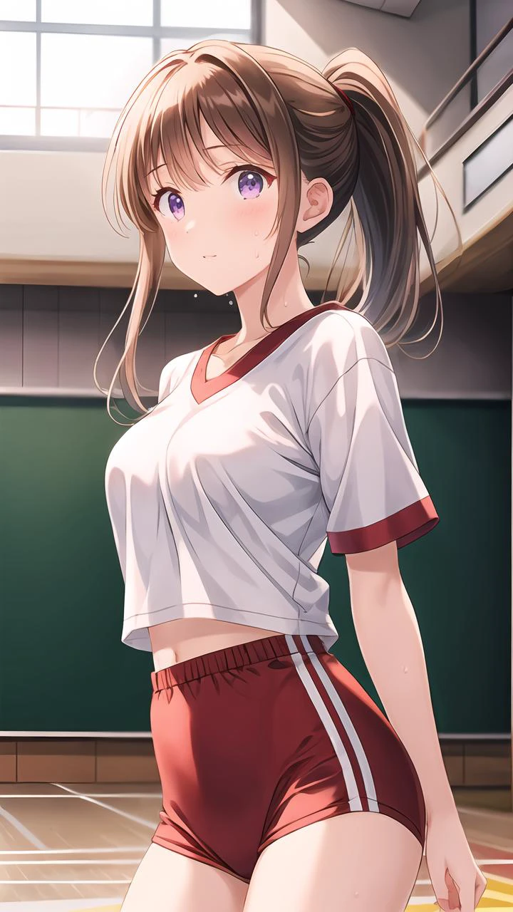 masterpiece:1.2,best quality:1.2,highly detailed:1.2,((brown hair:1.1)),((ponytail:1.1)),((long hair:1.1)),purple eyes,medium breasts,1girl,solo,(hiten1:0.8),<lora:å¢å ç´°ç¯:0.8>,sweat,((red buruma:1.3)),school gym,<lora:school_gym_v0.1:1>,cowboy shot,