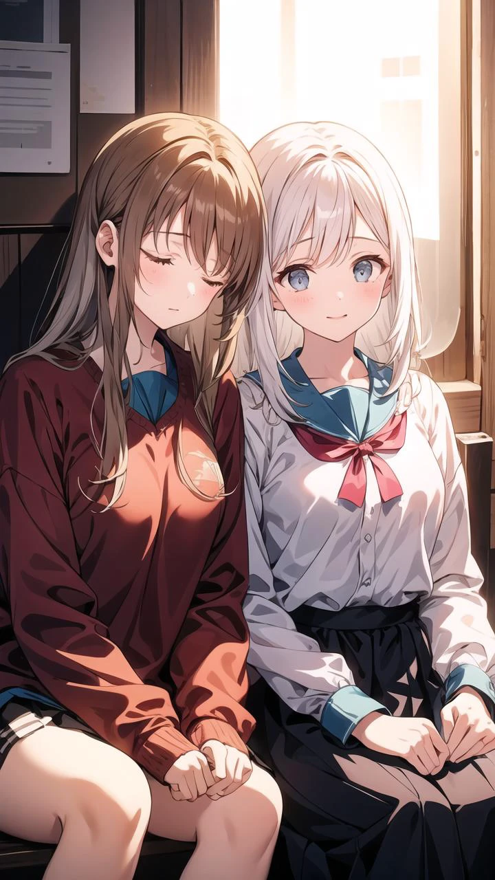 masterpiece,best quality,highly detailed,((brown hair:1.3)),((white hair:1.3)),long hair,medium breasts,((2girls:1.3)),((yuri:1.3)),(hiten1:0.8),NGH,closed eyes,((sleeping upright:1.1)),((sleeping on person:1.3)),((sitting:1.3)),((leaning on person:1.3)),<lora:SleepingUprightSleepinOnPersonSittingV1:1>,light smile,<lora:å¢å ç´°ç¯:0.7>,