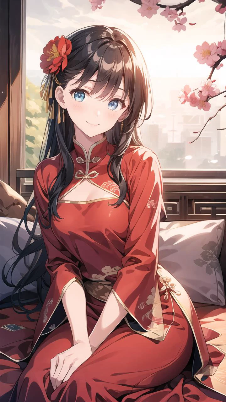 masterpiece,best quality,(hiten1:0.7),highly detailed,black hair,long hair,blue eyes,medium breasts,long hair,1girl,Chinese weddingdress,<lora:Chinese weddingdress-000018:0.4>,plum blossoms,sitting,light smile,red dress,chinese clothes,<lora:å¢å ç´°ç¯:0.8>,head tilt,