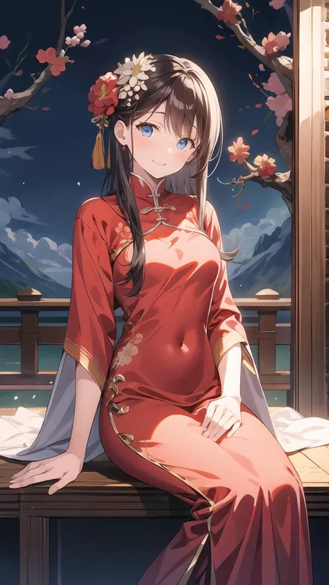 masterpiece,best quality,(hiten1:0.7),highly detailed,black hair,long hair,blue eyes,medium breasts,long hair,1girl,Chinese weddingdress,<lora:Chinese weddingdress-000018:0.4>,plum blossoms,sitting,light smile,red dress,chinese clothes,<lora:å¢å ç´°ç¯:0.8>,head tilt,