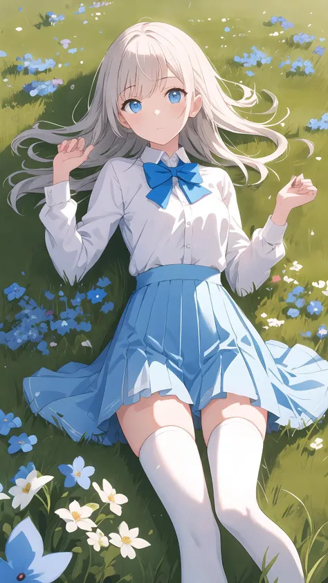 best quality, masterpiece, sunlight, high contrast, 1girl, solo, looking at viewer, relaxed, lying on grassland, long white hair, blue eyes, medium breasts, collared shirt, long sleeves, blue bowtie, white shirt, blue skirt, white thighhighs, white shoes, forget-me-not \(flower\), (hiten1:0.6)