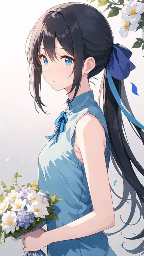 masterpiece, best quality, 1girl, from side, standing, looking at viewer, bare shoulders, sleeveless, medium breasts, blue china dress, sidelocks, ponytail, black hair, blue eyes, closed mouth, holding white flowers in bouquet, hair ribbon, white background, (hiten1:0.7) <lora:Colorwater_v4:0.4>