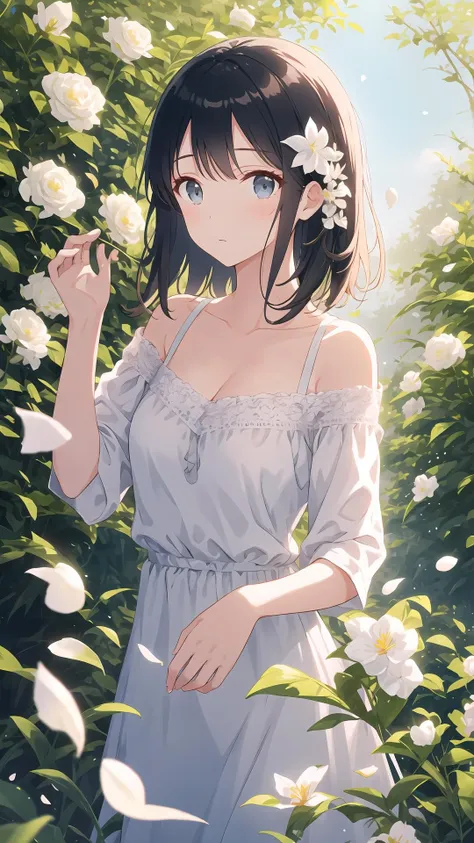 masterpiece, best quality, sunlight, white jasmine, petals, garden, outdoors, 1girl, solo, cleavage, off-shoulder, expressionless, (black hair), medium hair, head flower, (hiten1:0.8), detailed hands