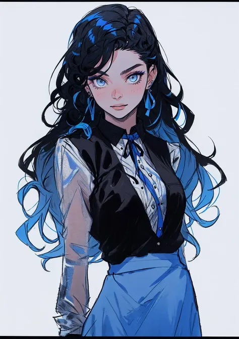 A close up of a woman with long black hair wearing a blue dress - SeaArt AI