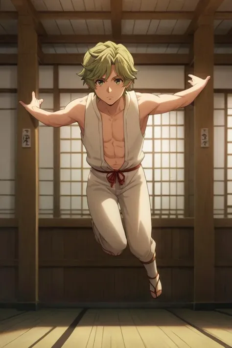 score_9, score_8_up, score_7_up, source_anime, rating_safe, , (realistic:0.6), , depth of field, 1boy, solo, male focus, <lora:itsuki_kawasumi_pony:0.9>, itsuki_kawasumi, green hair, green eyes, full body, dojo, dark, jumping, :\3, , <lora:sdxl_lightning_8step_lora:1>