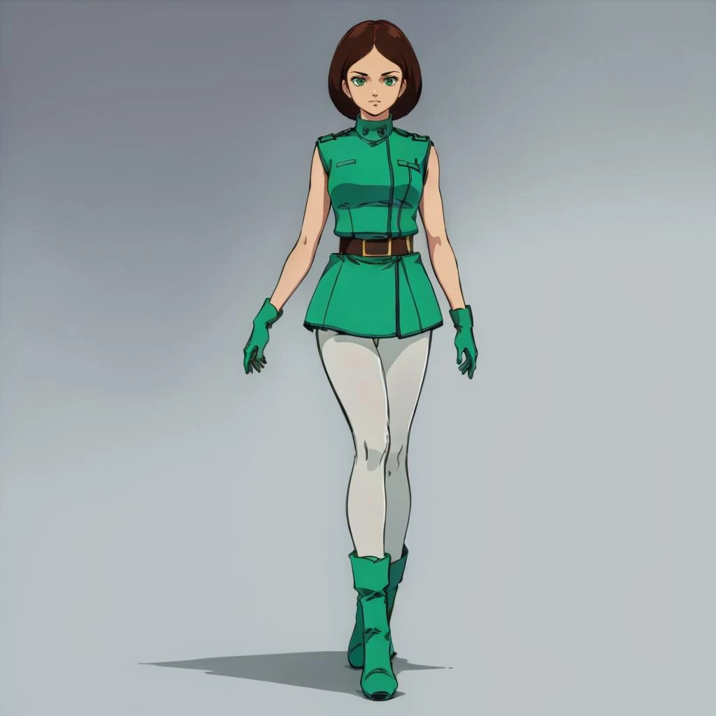 masterpiece,high quality,solo,
<lora:emmasheen006:0.7>,
emmasheen,1woman,
short hair,brown hair,green eyes,
jacket,uniform,sleeveless,
green gloves,
belt,white pantyhose,
green footwear,boots,