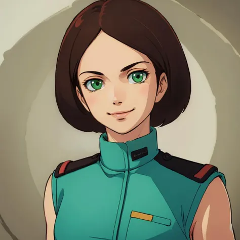 masterpiece,high quality,solo,
<lora:emmasheen006:0.7>,
emmasheen,1woman,
short hair,brown hair,green eyes,
jacket,uniform,sleeveless,
smile,