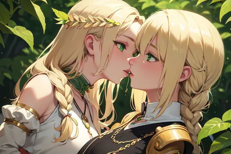 Blonde, braid, celest eyes, leaf necklace, high quality, realistic, fantasy, definition eyes, Green eyes, sharp strokes, good resolution, good quality, beautiful, hair ornaments, flushed cheek, mature female, girls kissing,chastpov,metal chastity,1boy,2girl