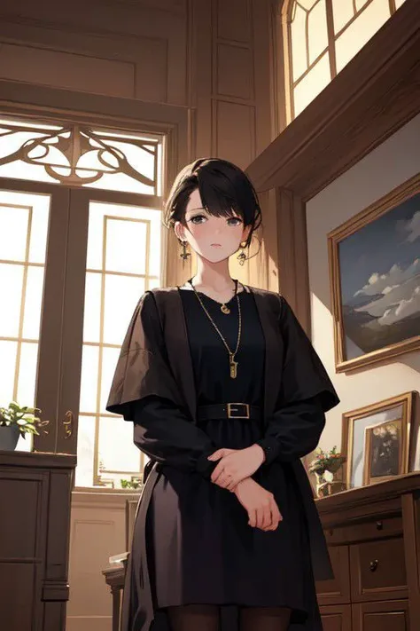 masterpiece, high quality, highres,
1boy, 1girl, hetero, from below,
1girl, mature female, looking down, standing,<lora:key-necklace-v6-wasabiya:1.5>, key necklace, wearing key necklace,