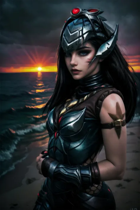Highly detailed, High Quality, Masterpiece, beautiful, <lora:more_details:1>, <lora:HeadhunterCaitlyn-10:1>, HeadhunterCaitlyn, eye focus, sea, storm, dark atmosphere, sunset, volumetric lighting, best quality, masterpiece, chromatic aberration, realistic, blurry background