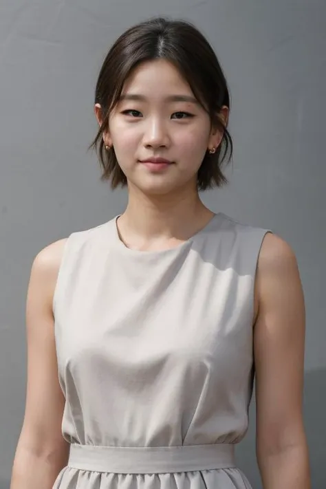 masterpiece, best quality, ultra-detailed, ultra high res, (photorealistic:1.4), raw photo, (realistic:0.2), 8k HDR, realistic lighting, 1girl, solo, standing, looking at viewer, asymmetrical hair, (detailed oily skin), (detailed face), (simple gray background :1.1), (full body:1.2), simple white dress, sleeveless, closed mouth,