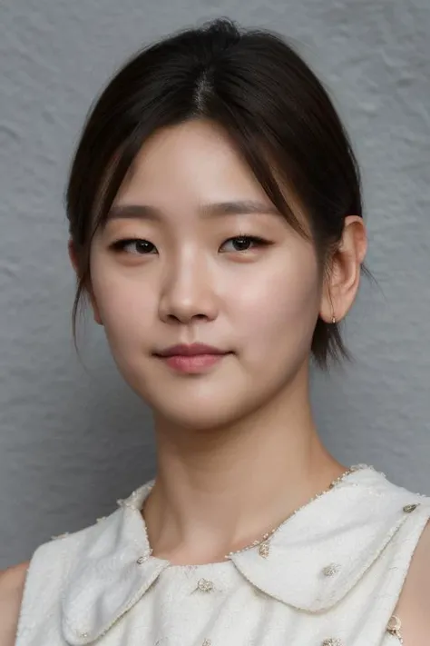 masterpiece, best quality, ultra-detailed, ultra high res, (photorealistic:1.4), raw photo, (realistic:0.2), 8k HDR, realistic lighting, 1girl, solo, standing, looking at viewer, asymmetrical short hair, (detailed oily skin), (detailed face), (simple gray background :1.1), (full body:1.2), simple white dress, sleeveless, closed mouth,