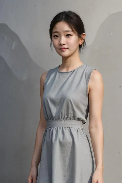 masterpiece, best quality, ultra-detailed, ultra high res, (photorealistic:1.4), raw photo, (realistic:0.2), 8k HDR, realistic lighting, 1girl, solo, standing, looking at viewer, asymmetrical short hair, (detailed oily skin), (detailed face), (simple gray background :1.1), (full body:1.2), simple dress, sleeveless, closed mouth,