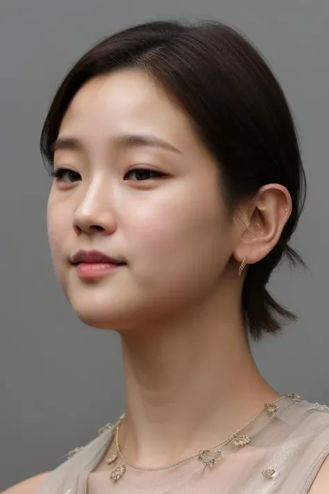 masterpiece, best quality, ultra-detailed, ultra high res, (photorealistic:1.4), raw photo, (realistic:0.2), 8k HDR, realistic lighting, 1girl, solo, standing, angle from side, looking at viewer, asymmetrical short hair, (detailed oily skin), (detailed face), (simple gray background :1.1), (full body:1.2), simple dress, sleeveless, closed mouth,