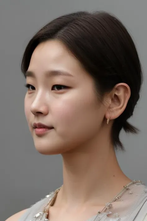 masterpiece, best quality, ultra-detailed, ultra high res, (photorealistic:1.4), raw photo, (realistic:0.2), 8k HDR, realistic lighting, 1girl, solo, standing, angle from side, looking at viewer, asymmetrical short hair, (detailed oily skin), (detailed face), (simple gray background :1.1), (full body:1.2), simple dress, sleeveless, closed mouth,