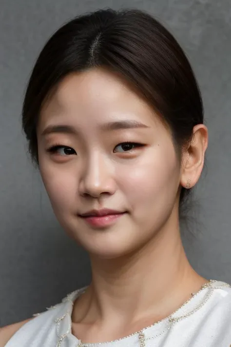 masterpiece, best quality, ultra-detailed, ultra high res, (photorealistic:1.4), raw photo, (realistic:0.2), 8k HDR, realistic lighting, 1girl, solo, looking at viewer, asymmetrical hair, (detailed oily skin), (detailed face), (simple gray background :1.1), (upper body:1.2), simple white dress, sleeveless, closed mouth,
