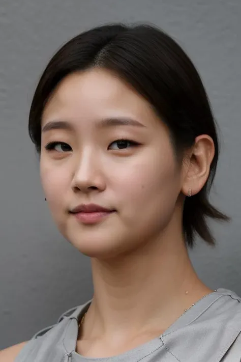 masterpiece, best quality, ultra-detailed, ultra high res, (photorealistic:1.4), raw photo, (realistic:0.2), 8k HDR, realistic lighting, 1girl, solo, standing, looking at viewer, asymmetrical short hair, (detailed oily skin), (detailed face), (simple gray background :1.1), (full body:1.2), simple dress, sleeveless, closed mouth,