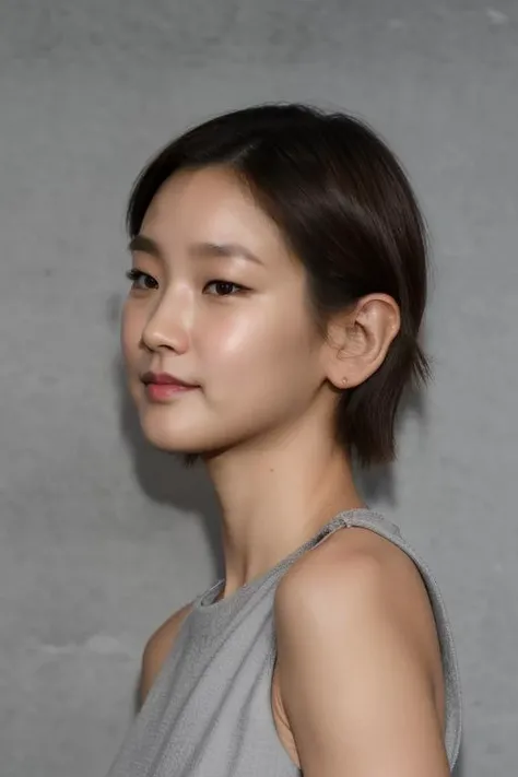 masterpiece, best quality, ultra-detailed, ultra high res, (photorealistic:1.4), raw photo, (realistic:0.2), 8k HDR, realistic lighting, 1girl, solo, standing, angle from side, looking at viewer, asymmetrical short hair, (detailed oily skin), (detailed face), (simple gray background :1.1), (full body:1.2), simple dress, sleeveless, closed mouth,
