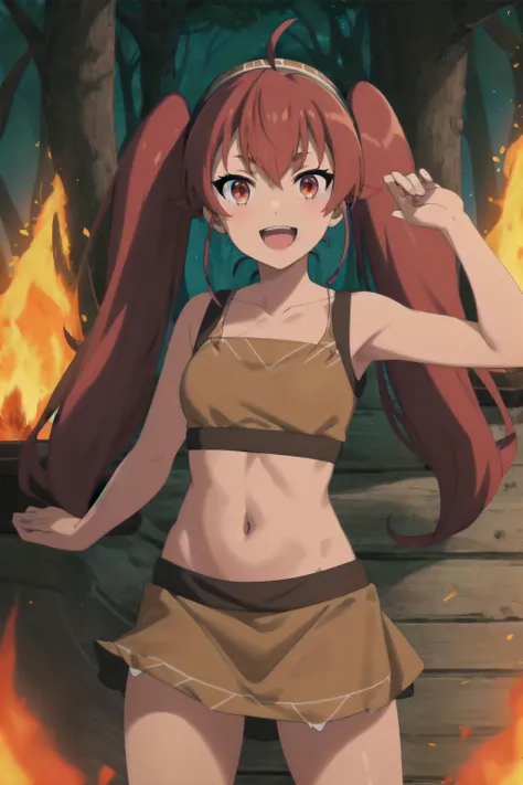best quality, (masterpiece:1.2), detailed,
<lora:chara_MushokuTensei_ErisBoreasGreyrat_v1:0.9>,
1girl, solo, open mouth, smile,
twintails, red hair, ahoge, red eyes, black hairband,
indian bra, indian skirt, light brown bra, light brown skirt, miniskirt,
standing, looking at the viewer,
outdoors, forest, (fire:1.2)
