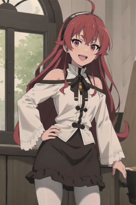 best quality, (masterpiece:1.2), detailed,
<lora:chara_MushokuTensei_ErisBoreasGreyrat_v1:0.9>,
1girl, solo, open mouth, smile,
long hair, red hair, ahoge, red eyes, black hairband,
white dress, bare shoulders, neck ribbon, black ribbon, dark brown skirt, long sleeves, (white pantyhose:1.2),
standing, looking at the viewer,
indoors, window