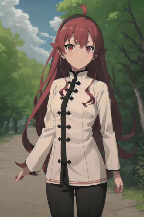best quality, (masterpiece:1.2), detailed,
<lora:chara_MushokuTensei_ErisBoreasGreyrat_v1:0.8>,
1girl, solo, closed mouth, slight smile,
long hair, red hair, ahoge, red eyes, black hairband,
(knight dress:1.4), brown pants, small breasts, long sleeves,
standing, looking at the viewer,
outdoors, forest, clouds
