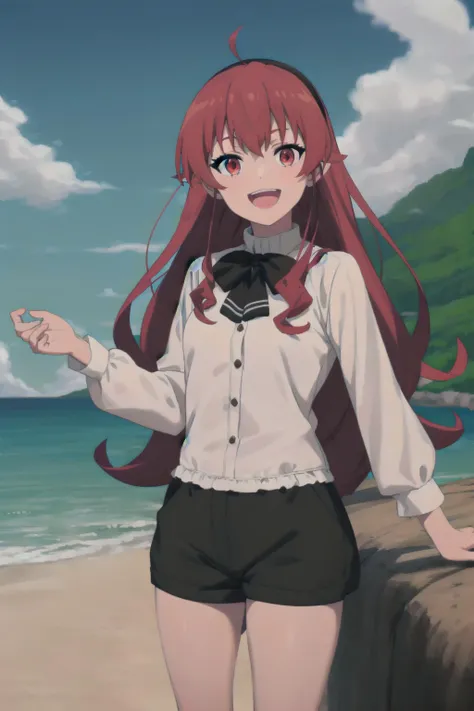 best quality, (masterpiece:1.2), detailed,
<lora:chara_MushokuTensei_ErisBoreasGreyrat_v1:0.8>,
1girl, solo, open mouth, smile,
long hair, red hair, ahoge, red eyes, black hairband,
white shirt, long sleeves, dark brown bow, black shorts, short shorts
standing, looking at the viewer,
outdoors, beach, ocean, water, clouds, sun