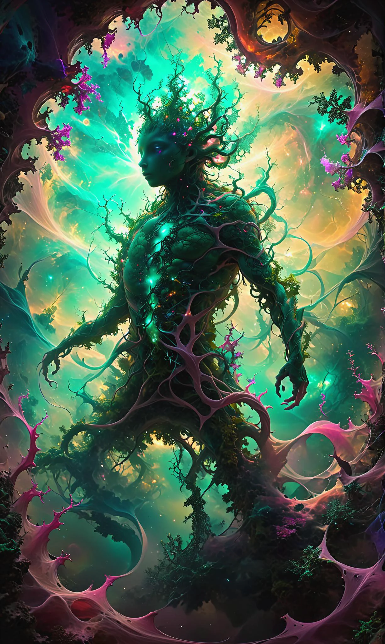 Transdimensional creature phasing between realities entwined in overgrown fractal formations, poised dramatically as if in the midst of a futuristic setting, cosmic ambiance, enveloped in a nebula of colors, ultra-fine digital painting<lora:xl_more_art-full_v1:0.3>, <lora:fracolor:0.7> fracolor, <lora:Sacred_Geometry_XL-000012:1> sacred geometry <lora:Fractal_Vines:1> fractalvines, made from fractal vines, covered in fractal vines