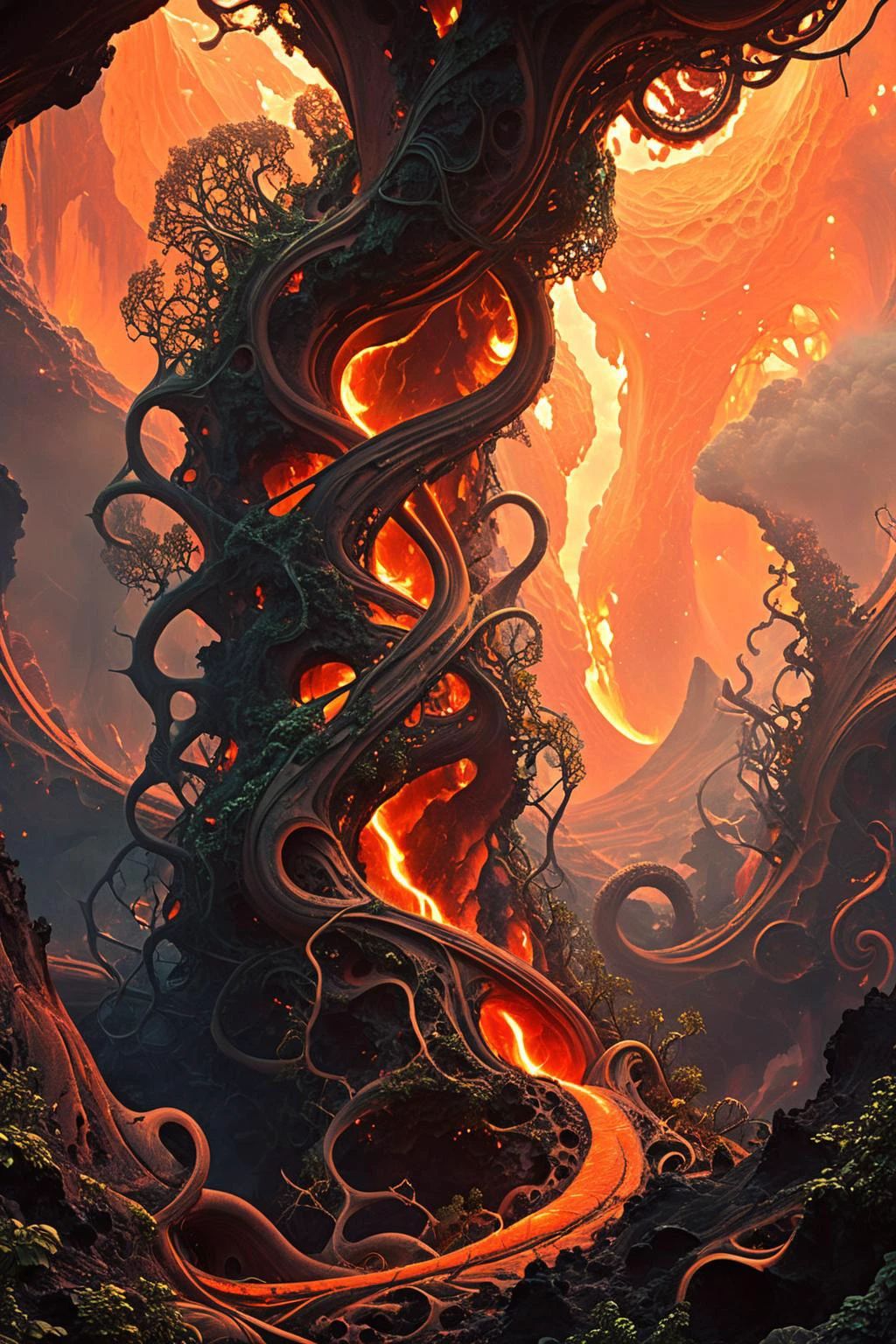 ultra-fine digital painting of a Lava-dwelling magma serpents emerging fiercely covered in fractal vines, poised dramatically as if in the midst of a futuristic setting, Alberto Varanda and Casey Weldon styles, cosmic ambiance, <lora:xl_more_art-full_v1:0.3>, <lora:Fractal_Vines:0.7>,<lora:Sacred_Geometry_XL-000012:0.7> sacred geometry, <lora:fracolor:0.7> fracolor