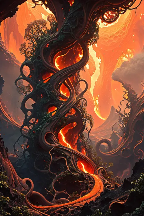 ultra-fine digital painting of a Lava-dwelling magma serpents emerging fiercely covered in fractal vines,  poised dramatically as if in the midst of a futuristic setting, Alberto Varanda and Casey Weldon styles, cosmic ambiance, <lora:xl_more_art-full_v1:0.3>, <lora:Fractal_Vines:0.7>,<lora:Sacred_Geometry_XL-000012:0.7> sacred geometry, <lora:fracolor:0.7> fracolor