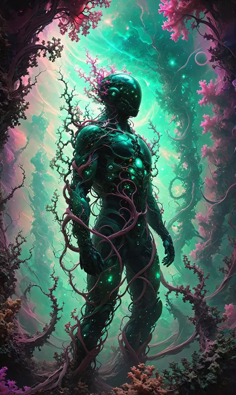 Quantum phasing beings slipping between realities entwined in overgrown fractal formations, poised dramatically as if in the midst of a futuristic setting, cosmic ambiance, enveloped in a nebula of colors, ultra-fine digital painting<lora:xl_more_art-full_v1:0.3>, <lora:IPXL_v8:0.7> inkpunk style, <lora:Sacred_Geometry_XL-000012:1> sacred geometry <lora:Fractal_Vines:1> fractalvines, made from fractal vines, covered in fractal vines