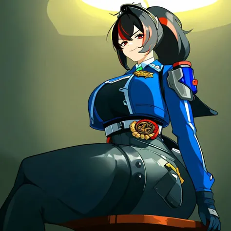 Score_9, score_8_up, source_anime, Expressiveh, eyes open,
Masterpiece, best quality, excellent quality, volumetric lighting, intricate details, high quality face, cinematic lighting,
wide hips, thick thighs, ((solo)), bubble butt, hyper ass, big breasts, slim waist, massive butt, from below, looking at viewer, smug expression, sitting, sitting on chair,
imtdzhuyuan, black hair, red hair, cropped jacket, multicolored hair, two tone hair, streaked hair, gloves, blue jacket, ponytail, red eyes, green necktie, collared shirt, bangs, pants, bodysuit, uniform, police