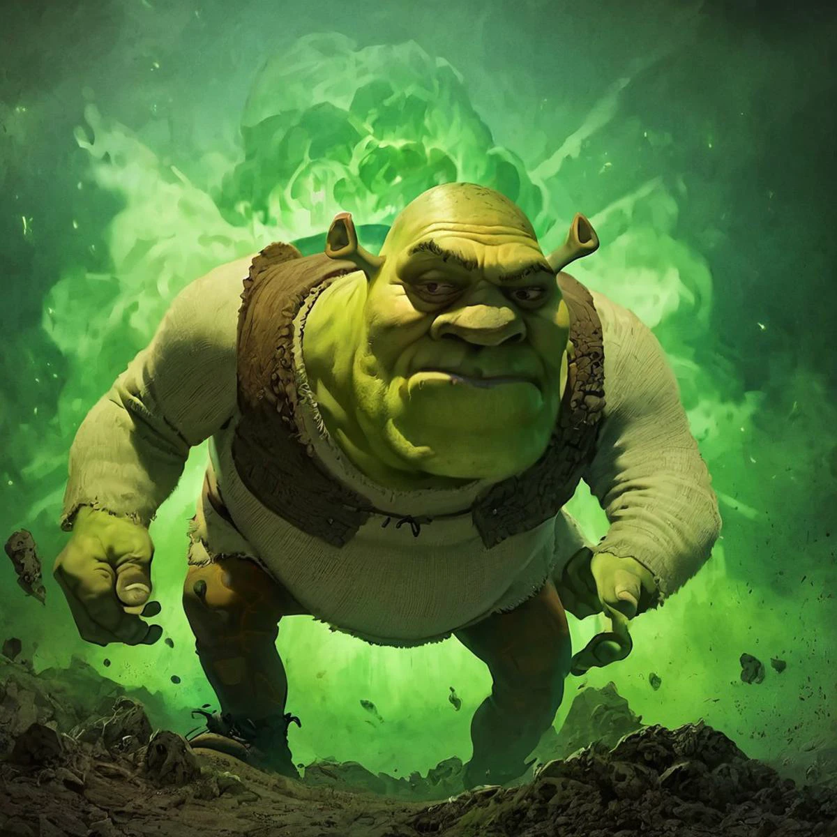 score_9, score_8_up, score_7_up, detailed background, realistic lighting, no_humans,
nuclear explosion in background, nuclear explosion, green nuke,
shrek, green skin, farting