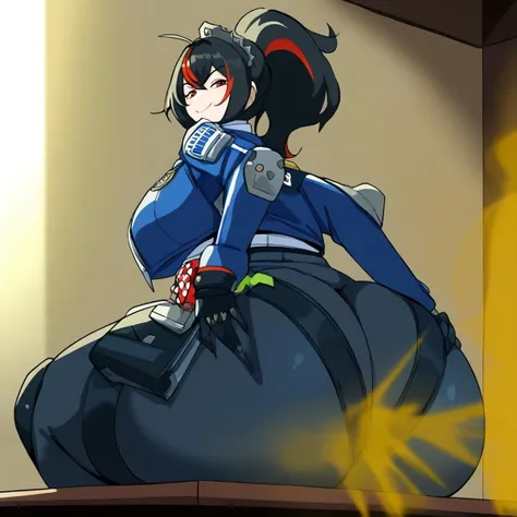Score_9, score_8_up, source_anime, Expressiveh, eyes open,
Masterpiece, best quality, excellent quality, volumetric lighting, intricate details, high quality face, cinematic lighting,
wide hips, thick thighs, ((solo)), bubble butt, hyper ass, big breasts, slim waist, massive butt, from below, looking at viewer, smug expression, sitting, fart, farting, massive fart cloud, hands on ass,
imtdzhuyuan, black hair, red hair, cropped jacket, multicolored hair, two tone hair, streaked hair, gloves, blue jacket, ponytail, red eyes, green necktie, collared shirt, bangs, pants, bodysuit, uniform, police