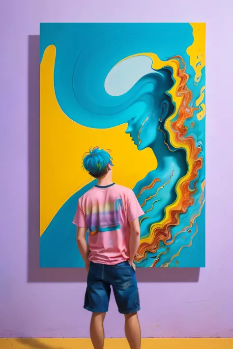 ,  (a man that is standing in front of a painting, a hyperrealistic painting, inspired by Sam Spratt, shutterstock contest winner, shock art, man carving himself out of stone, cracking glass through reality, art in an absurdist style, devouring),   pastel_style