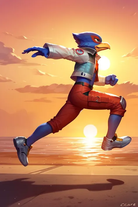 score_9, score_8_up, score_7_up, dcore_6_up, <lora:Falco_Lombardi:0.7> 1boy, Falco lombardi, running,side view, full body, sunset, sun in the back