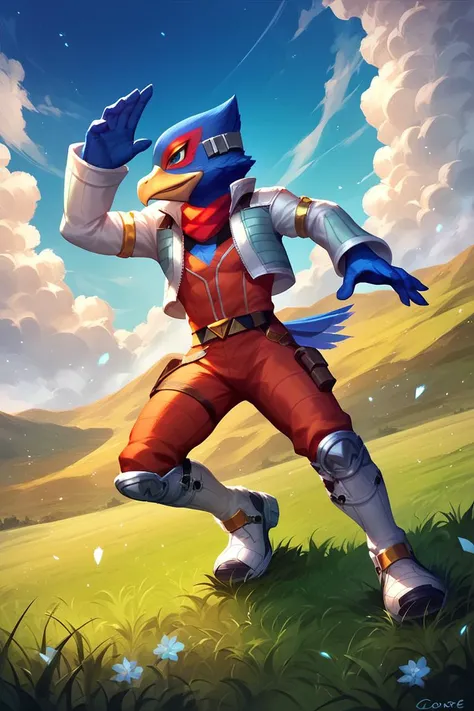 score_9, score_8_up, score_7_up, dcore_6_up, <lora:Falco_Lombardi:0.7> 1boy, Falco lombardi, dynamic pose, plains, grass, sky, clouds,