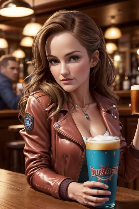 One Woman, Dark brown hair, Yellow Ethes, Wearing a pink leather jacket, White shirt, Wearing a miniskirt in a bar, Have a beer mug, A refreshing smile,blush, alcohol, Drunk face, 4K, Good anatomy, masterpiece, Detailed face, basalt