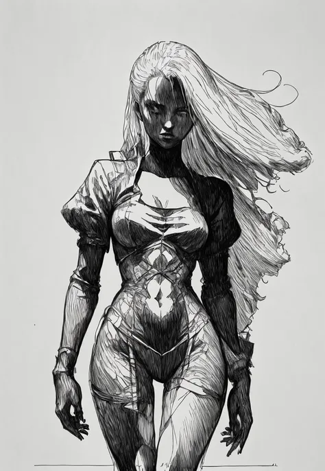 1girl, long hair, looking at viewer, solo, standing, very long hair, simple background, sexy, tall body:2, cute, close up,
monochrome, hatching \(texture\) <lora:Hash_style:.7> hash draw,