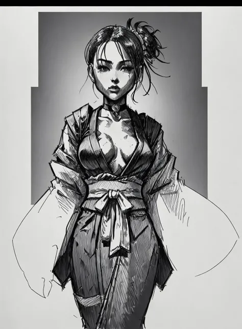 draw of a ninja girl, bib boob, ninja kimono, choker, black clothes:2, black hair,
pillarboxed, grey border, <lora:Hash_style:.7> hash draw,