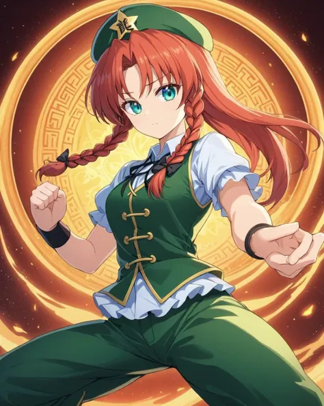 hong meiling,1girl, solo, twin_braids, pants, star_\(symbol\), chinese_clothes, hat_removed, magic_circle, short_sleeves, hair_bow, fighting_stance, shirt, looking_at_viewer, hair_ribbon, vest
<lora:hong_meiling_image3632_2023-12-11-000004:1>,star-shaped_pupils,symbol-shaped_pupils,. gorgeous,key visual, vibrant, studio anime,award-winning, professional, highly detailed,high budget, cinemascope