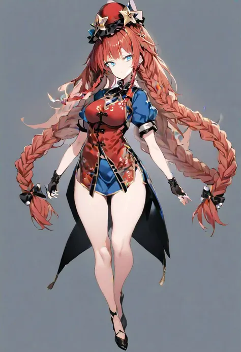 masterpiece, best quality, ultra-detailed, beautiful, nai3, 1girl, solo, full_body, tachi-e,
((hong_meiling)):2, solo, 1girl, chinese_clothes, star_hat_ornament, long_hair, hat, blue_eyes, short_sleeves, braid, vest, puffy_short_sleeves, red_hair, black_gloves, twin_braids, fingerless_gloves,