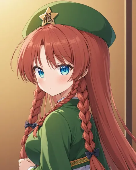 hong meiling,1girl, solo, hat, twin_braids, kemonomimi_mode, cat_tail, alternate_hairstyle, blush, chinese_clothes
<lora:hong_meiling_image3632_2023-12-11-000004:1>,star-shaped_pupils,symbol-shaped_pupils,. gorgeous,key visual, vibrant, studio anime,award-winning, professional, highly detailed,high budget, cinemascope