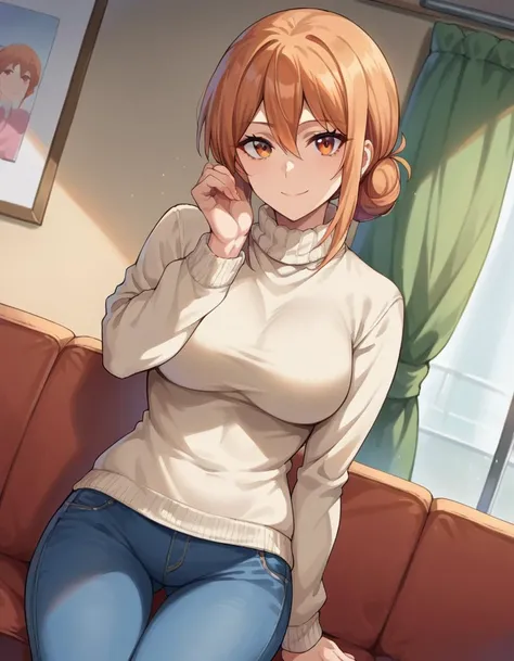 score_9, score_8_up, score_7_up, source_anime,
yuigahamama, <lora:mother-yuigahama-ponyxl-lora-nochekaiser:1>,
yuigahamama, hair bun, mature female, orange eyes, orange hair, short hair, single hair bun, hair between eyes, sidelocks, smile,
denim, jeans, pants, sweater, turtleneck, turtleneck sweater, white sweater,
indoors, sofa,
looking at viewer, cowboy shot, dutch angle,