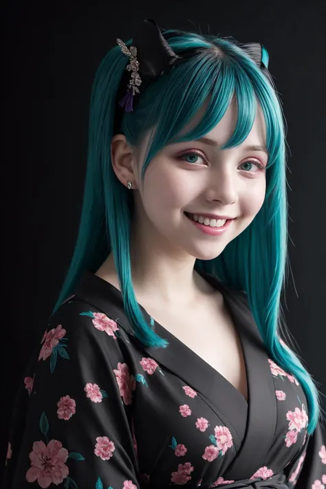 best quality, extra resolution, close up portrait of AIDA_SayaMiku as cute girl, pretty face, naughty, funny, happy, smiling, smiling with open mouth, perfect teeth, playful, intimate, flirting with camera, whearing kimono, kimono dress, japanese national dress, cinematic, studio photo, kkw-ph1, (colorful:1.1), (dark theme:1.1) <lora:LowRA:0.2>, (black background:1.3)