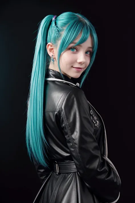 best quality, extra resolution, close up portrait of AIDA_SayaMiku as cute girl with long cyan hair, ornamental cyan hair, (double ponytail cyan hairstile), beautiful girl, pretty face, naughty, funny, happy, smiling, playful, intimate, flirting with camera, wearing leather coat, cinematic, studio photo, kkw-ph1, (colorful:1.1), (dark theme:1.1) <lora:LowRA:0.2>, <lora:tangbohu-detailer_1.0:1>, photorealistic <lora:xiaoshazi:0.1>, (black background:1.3)