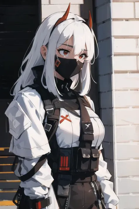 sam yang, <lora:sam_yang_offset_right_filesize:0.5>, beautiful woman, masterpiece, intense shadows, ambient light, illustration, thick outlines, highres, <lora:EyesGen:0.3>, <lora:breastsizeslideroffset:0.1>, <lora:Sy3:0.7> , Sy3, tanned, white hair, sidelocks, red eyes, horns, <lora:urbansamuraiv3testing:0.8> , urbansamurai, techwear, techwear jacket, with buckle and tape, medium breasts, tactical vest