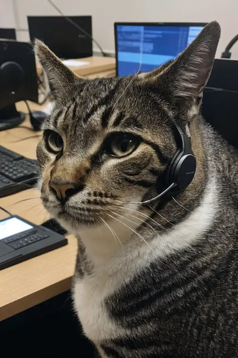 photorealistic photo of celestecat, working at a call center, wearing a headset, (masterpiece:1.1), (best quality:1.1), beautiful, (intricate details), unity 8k wallpaper, ultra detailed, aesthetic, perfect lighting, <lora:Celeste - AM:0.8>